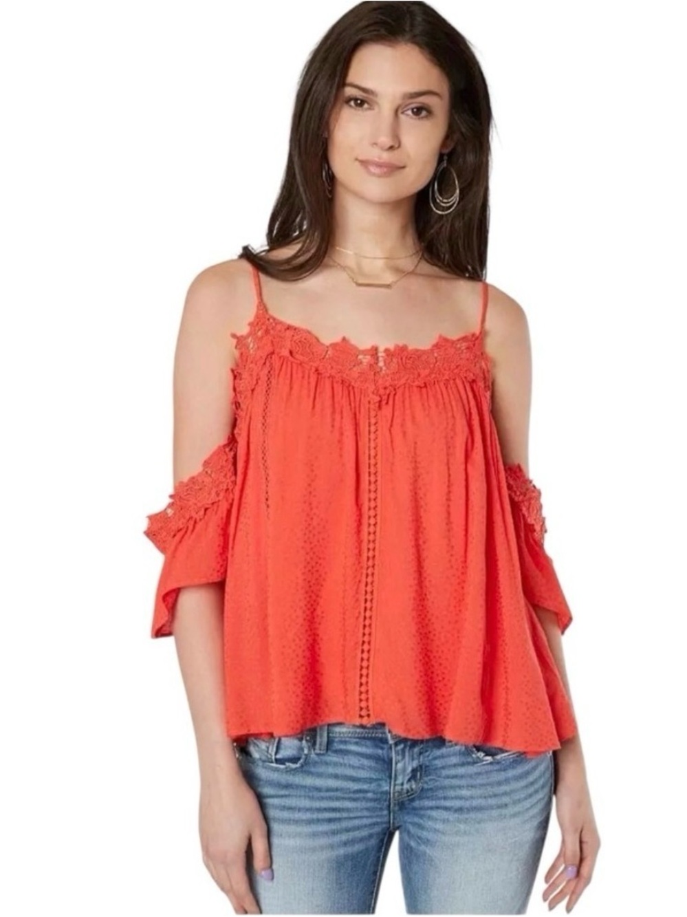 🌼Miss Me Poppy Red Cold-Shoulder Crocheted -Trim Tank